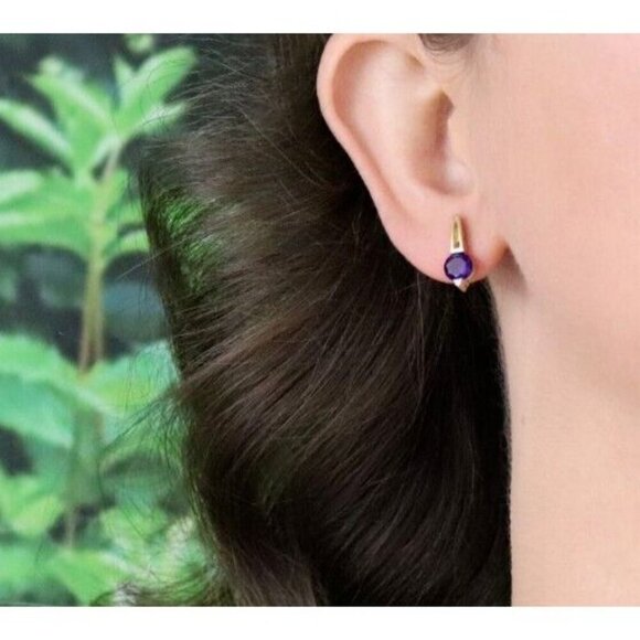 14k Yellow Gold Natural Amethyst & Diamond Earrings Stud Post - Picture 2 of 8